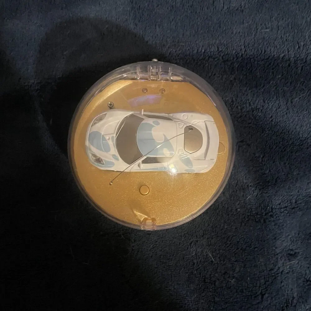 Vintage Micro RC Car in Ball Controller, Mini Pocket Racer Toy, White and Blue